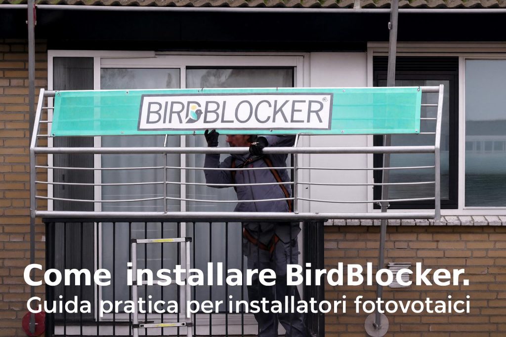 Installatore fotovoltaico mentre installa BirdBlocker sul tetto