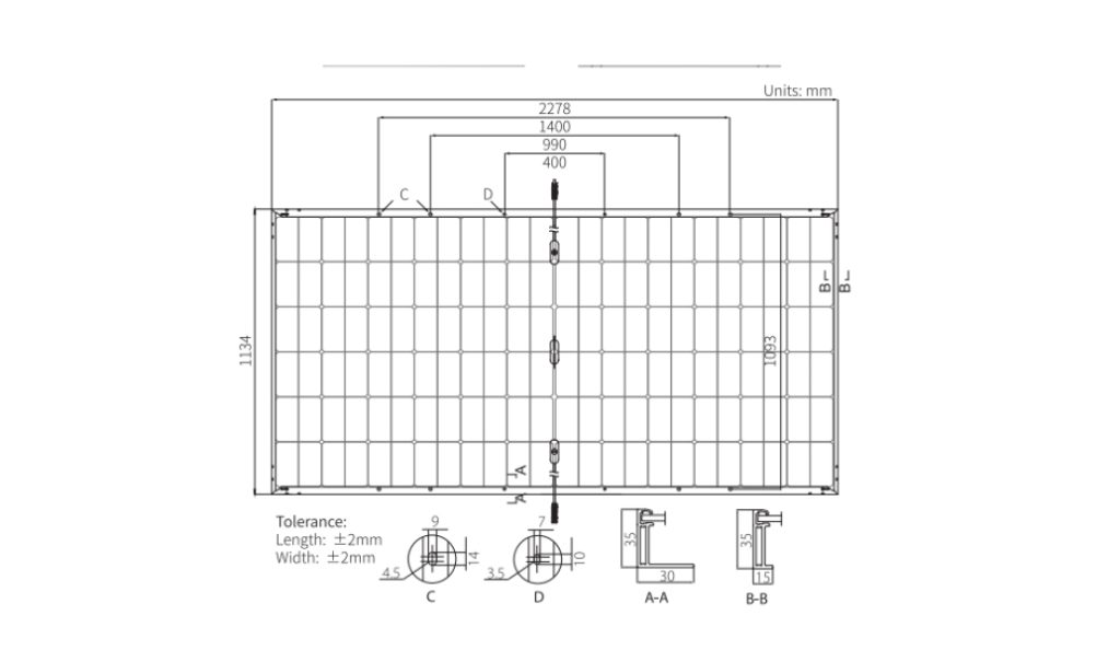 Scheda tecnica di un pannello solare con sezioni A-A e B-B per verificare se servono le BB-BoxClip-50s
