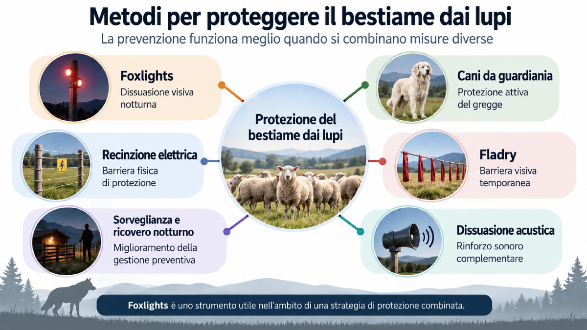Metodi per proteggere il bestiame dai lupi combinando Foxlights, cani da guardiania e recinzioni
